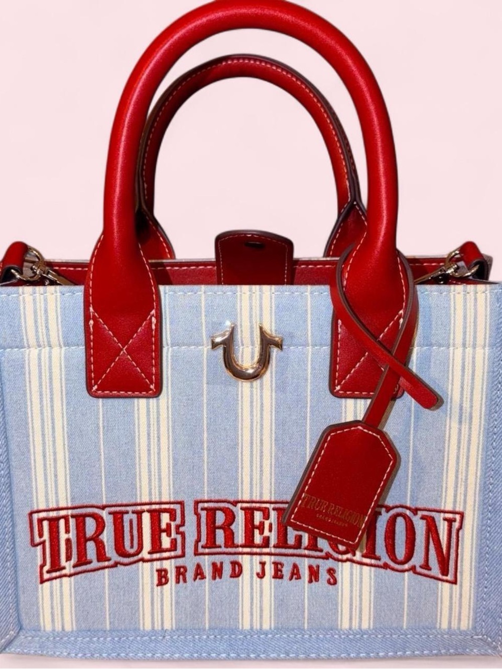 True Religion Red & Light Blue Striped Canvas Tote - Picture 2 of 6